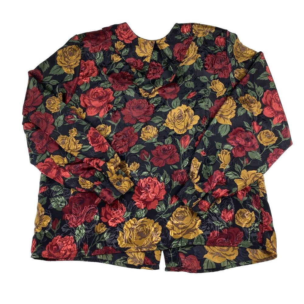 VTG 90s Sonya Ratay San Andre Satin Blouse Womens 6 Black Floral Button Up Back
